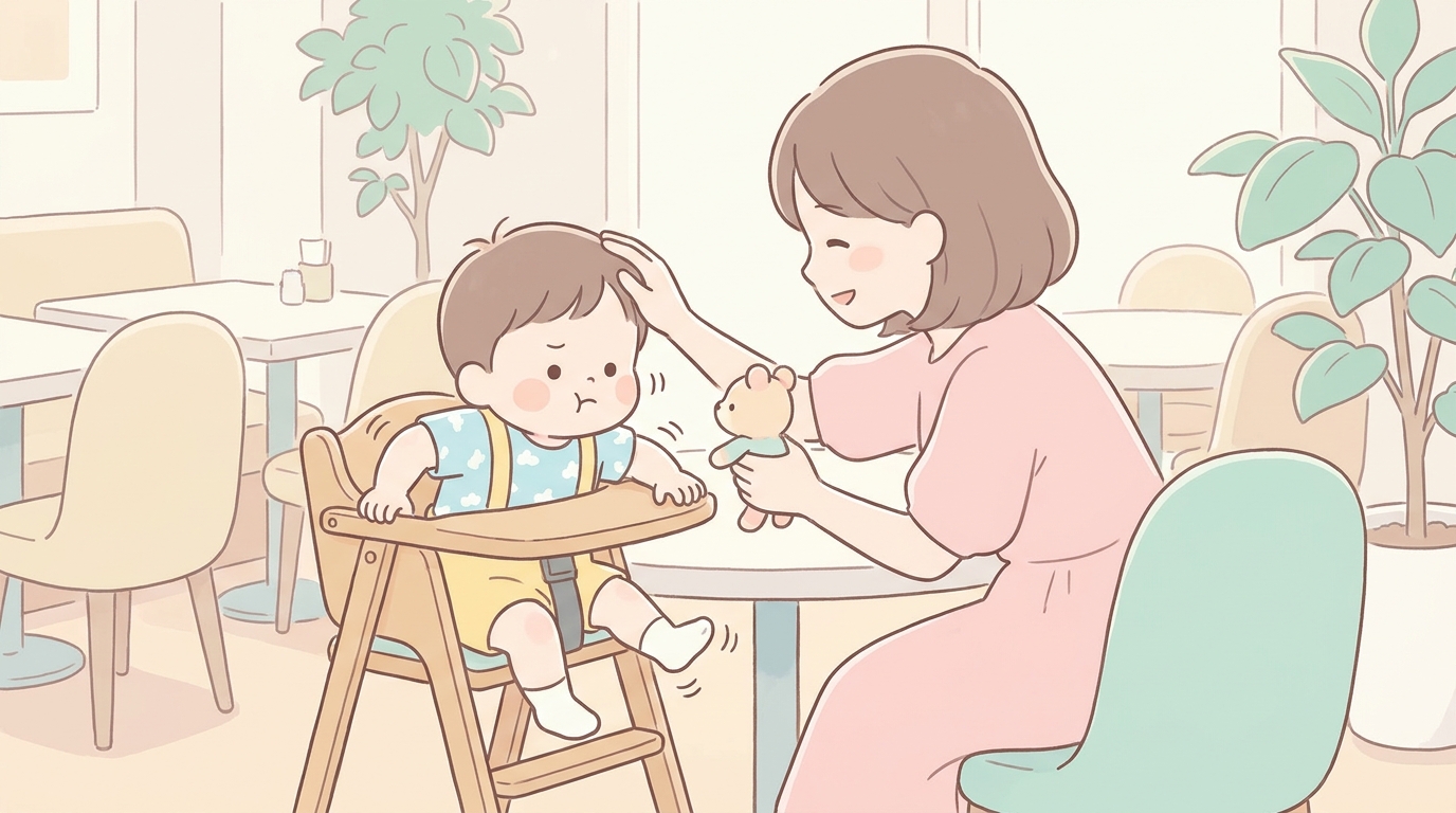 レストランの子ども用椅子に座ってぐずる2歳くらいの男の子と、優しく対応する母親の様子