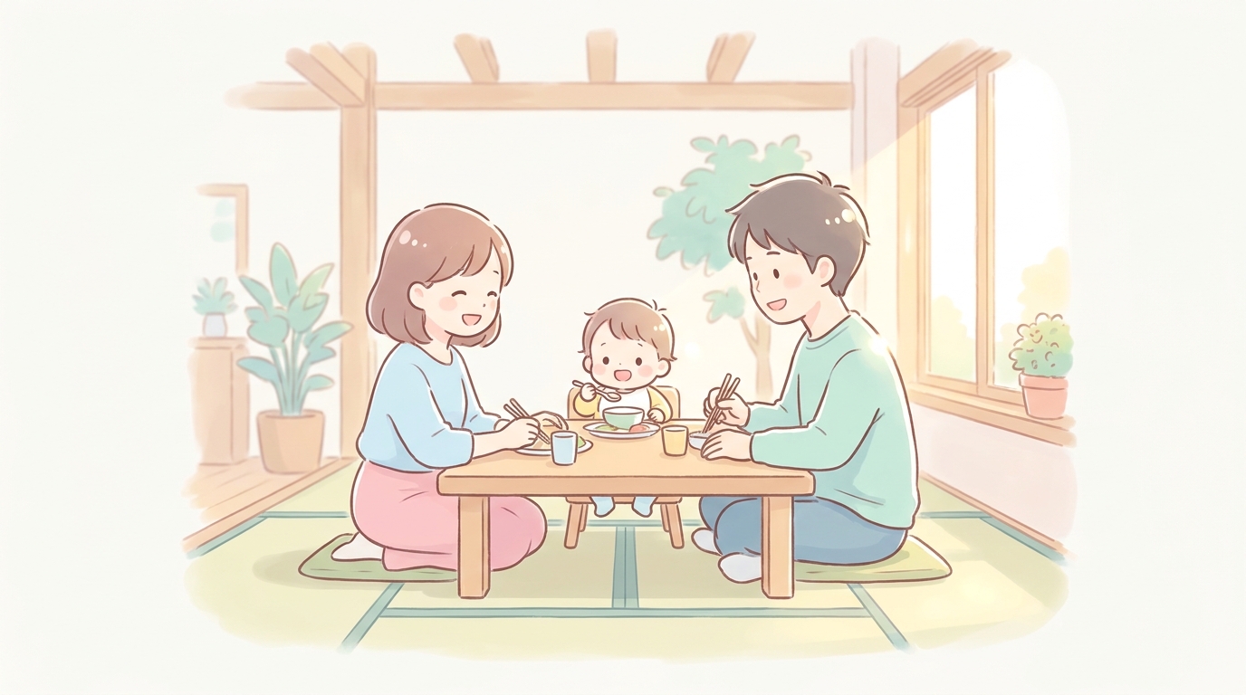 木の温もりがある明るいファミリーレストランの座敷席で楽しそうに食事をする家族