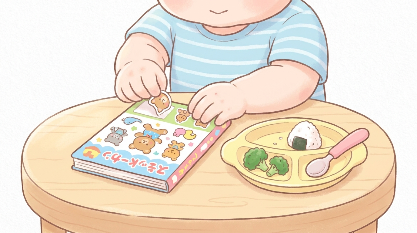 シールブックで真剣に遊ぶ2歳児の手元のクローズアップ、テーブルにはランチプレートが置かれている