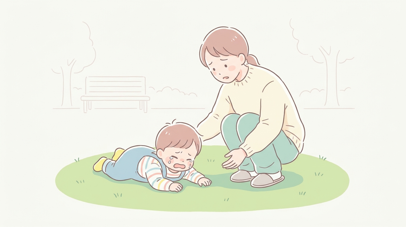 公園で泣きながら寝そべってイヤイヤしている2歳くらいの子どもと、困った表情で寄り添うお母さん