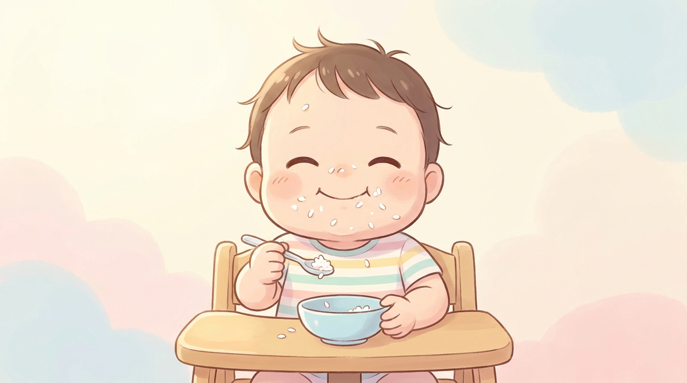 食卓でスプーンを持ちながら口の周りをご飯粒だらけにしてニコニコ笑う2歳くらいの子ども