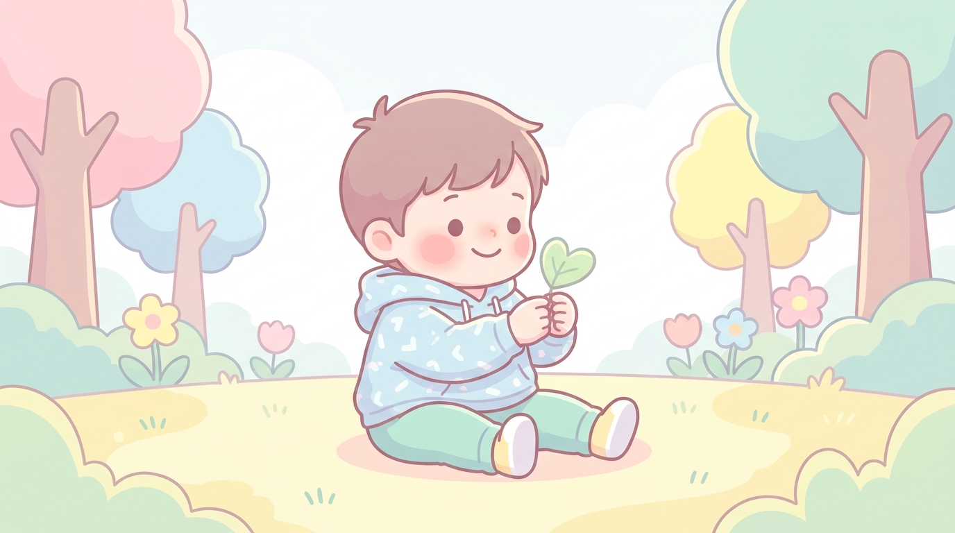 公園で小さな葉っぱを大事そうに両手で持って嬉しそうに見せる2歳くらいの男の子