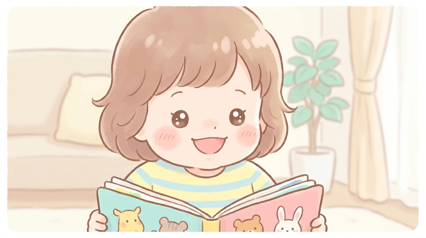 リビングで絵本を読みながら無邪気に笑っている2歳児の女の子の顔のアップ