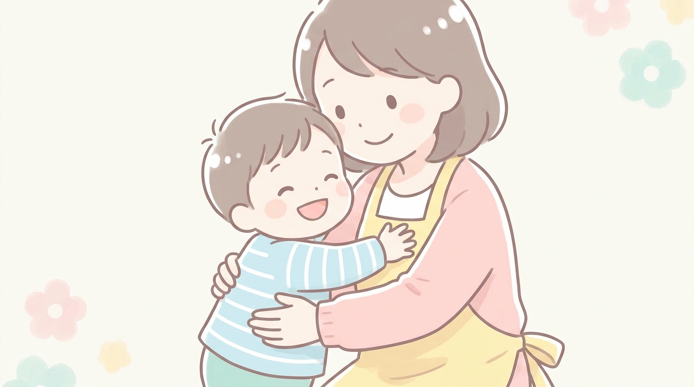 母親に抱きついて満面の笑みを浮かべる2歳児の男の子と優しく抱きしめ返す母親