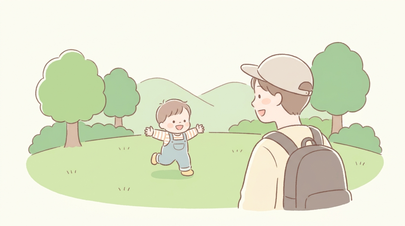 公園で楽しそうに走り回る2歳児と笑顔で見守る若い父親の後ろ姿