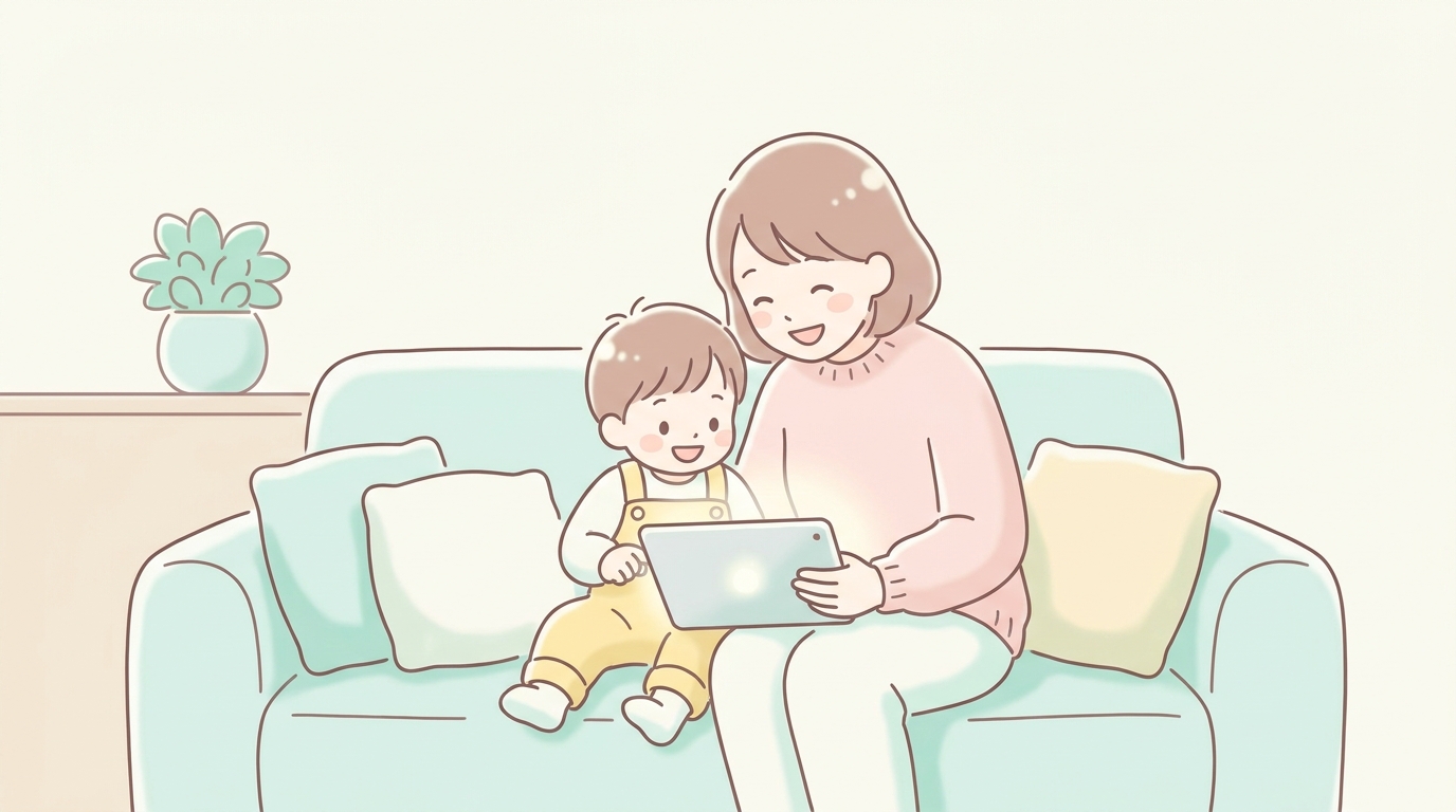 リビングのソファで母親と2歳の子どもが一緒にタブレットを覗き込みながら笑顔で動画を見ている温かい雰囲気のシーン