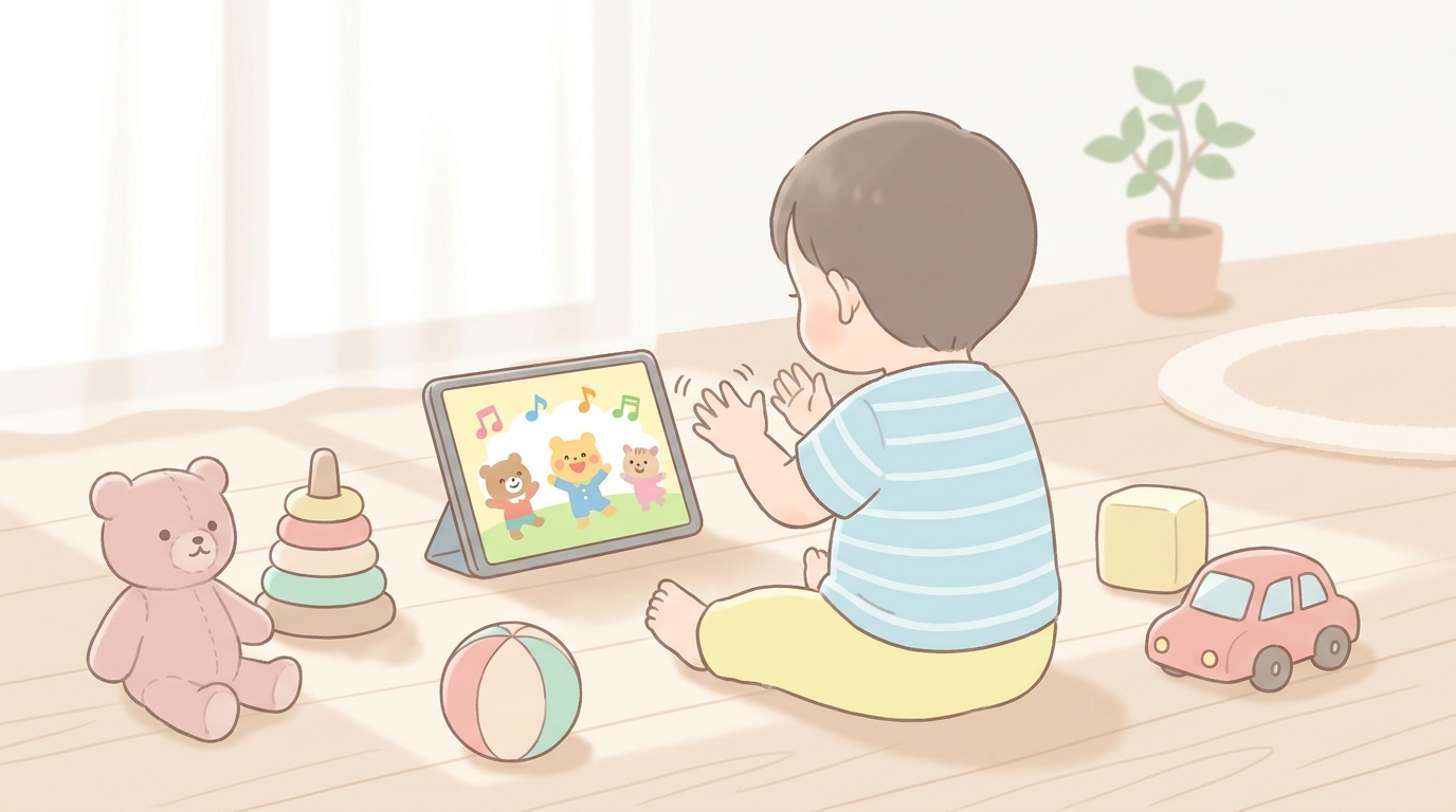 フローリングの床に座ってカラフルなおもちゃに囲まれながらタブレットで歌に合わせて手を叩いている2歳児の後ろ姿