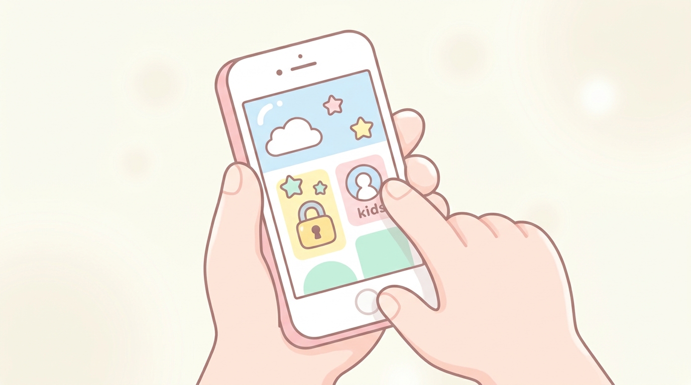 スマートフォンで子ども向け動画アプリの設定画面を操作している保護者の手元のアップ