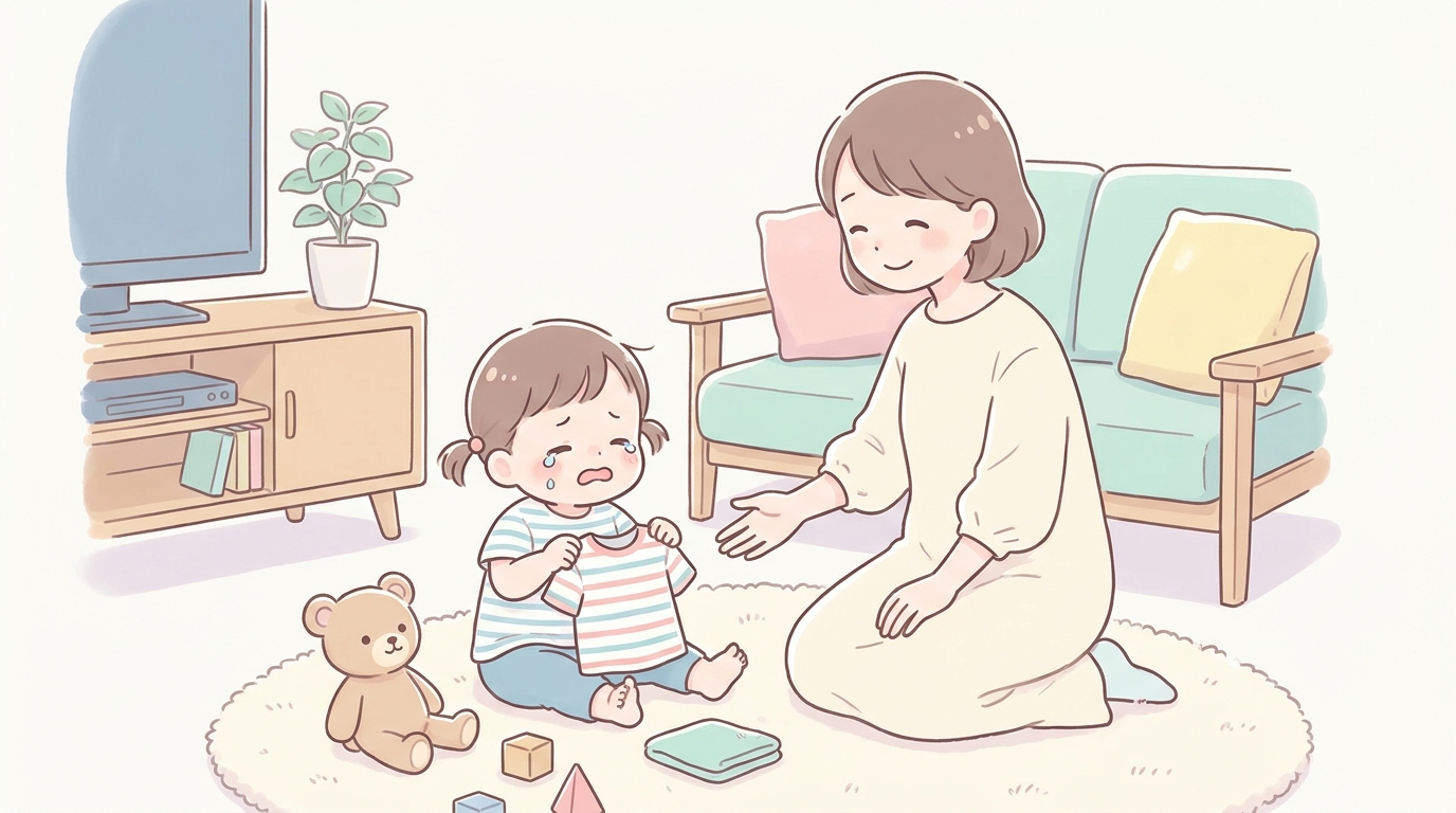 床に座って泣きべそをかきながら洋服を手に取る2歳児と、優しく見守る母親のリビング風景