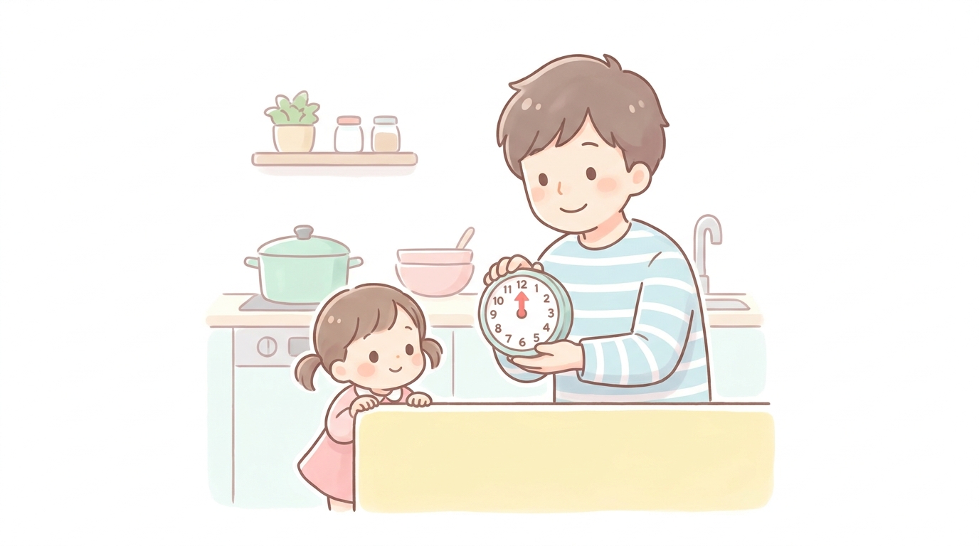 キッチンでタイマーを子どもに見せながら笑顔で話しかける父親と、興味深そうにのぞき込む2歳の女の子