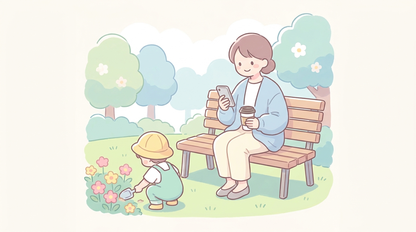公園のベンチでコーヒーを片手にスマートフォンを見て微笑む母親と、近くで遊ぶ子どもの後ろ姿