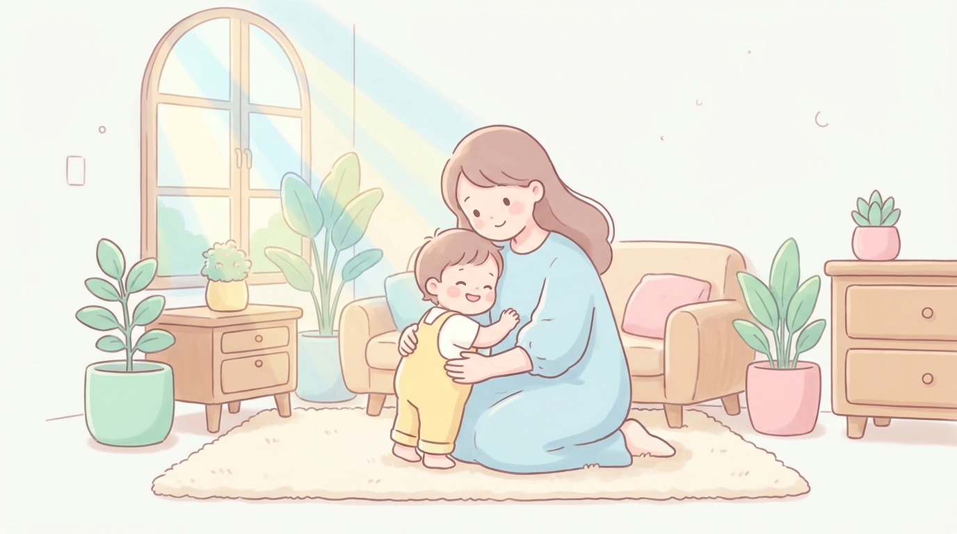 自然光が差し込むリビングで笑顔の2歳児を抱きしめる母親、温かみのある雰囲気