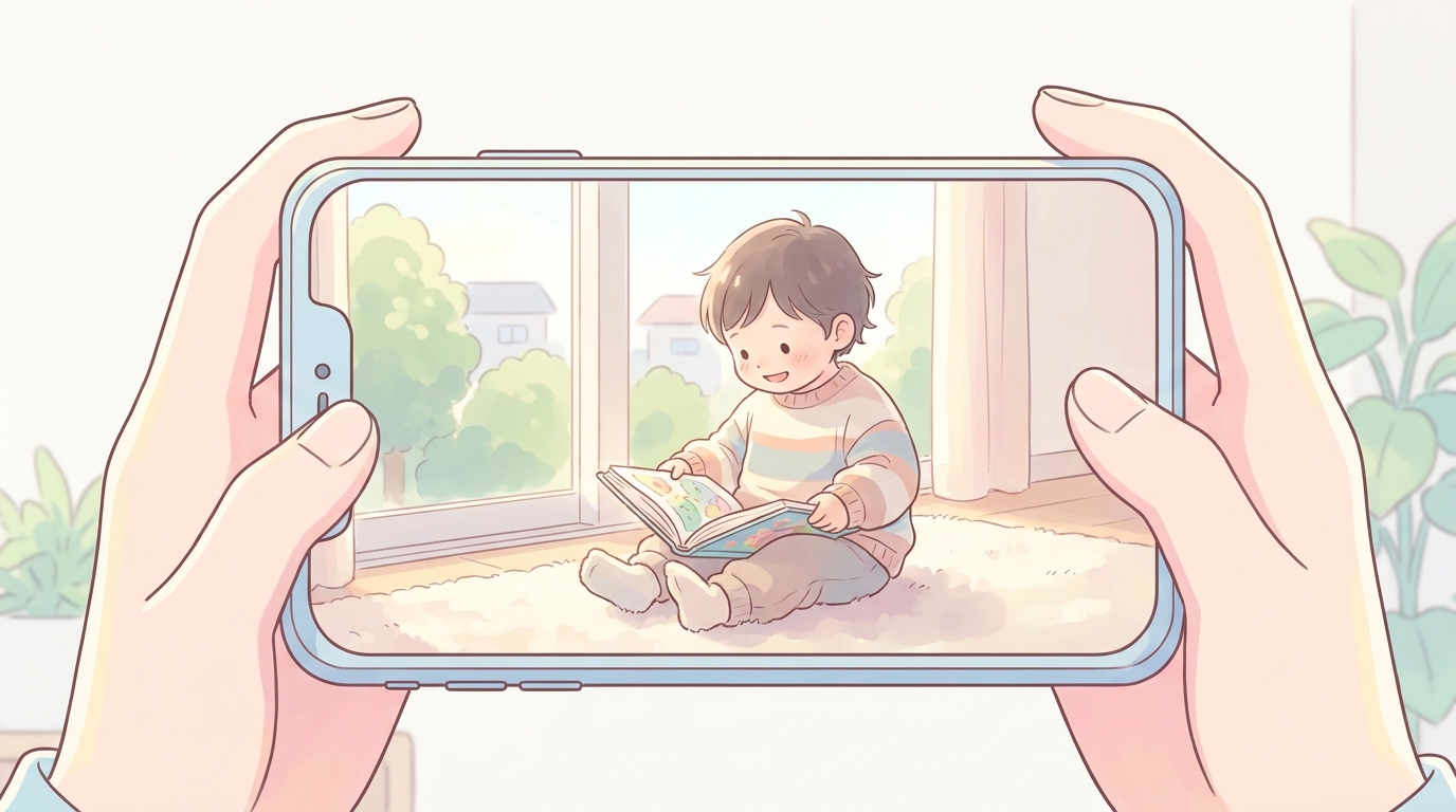 窓辺で絵本を読む2歳児を低い目線から撮影する母親のスマートフォン画面