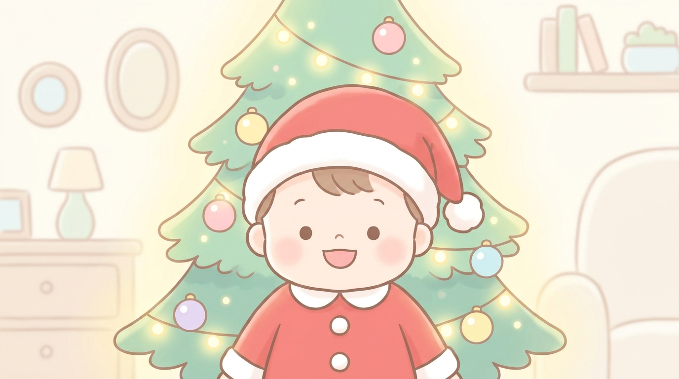 クリスマスツリーの前で笑顔のサンタ衣装を着た2歳児、温かい電飾の光に包まれた様子