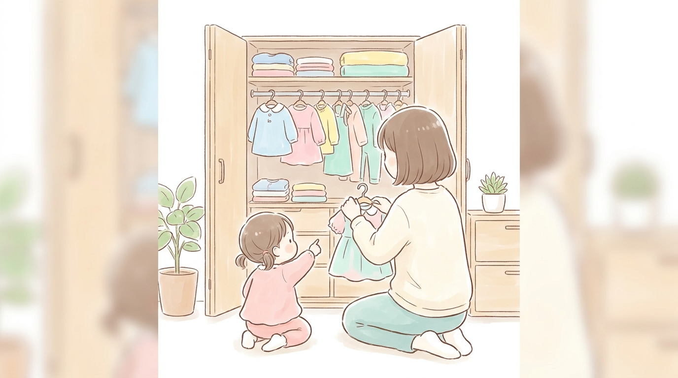 部屋でクローゼットから子供服を選ぶ若いママと2歳くらいの女の子の後ろ姿、明るいナチュラルな雰囲気
