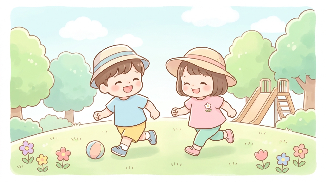 公園で笑顔で遊ぶ2歳くらいの男の子と女の子、夏のTシャツと帽子の明るいコーデ姿