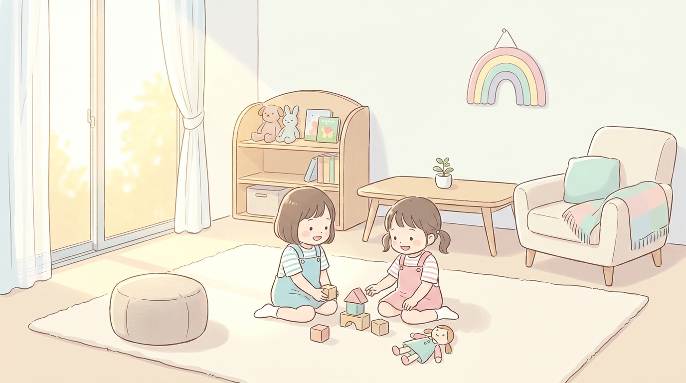 リビングで姉妹のリンクコーデを楽しむ2歳前後の女の子姉妹、おしゃれなインテリアと自然光