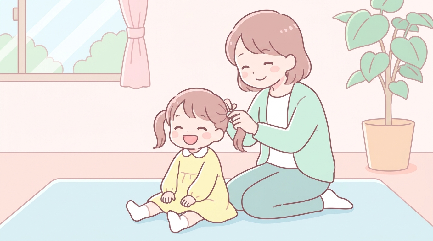 笑顔の2歳の女の子が髪をツインテールにしてもらっている、明るい部屋での親子の様子