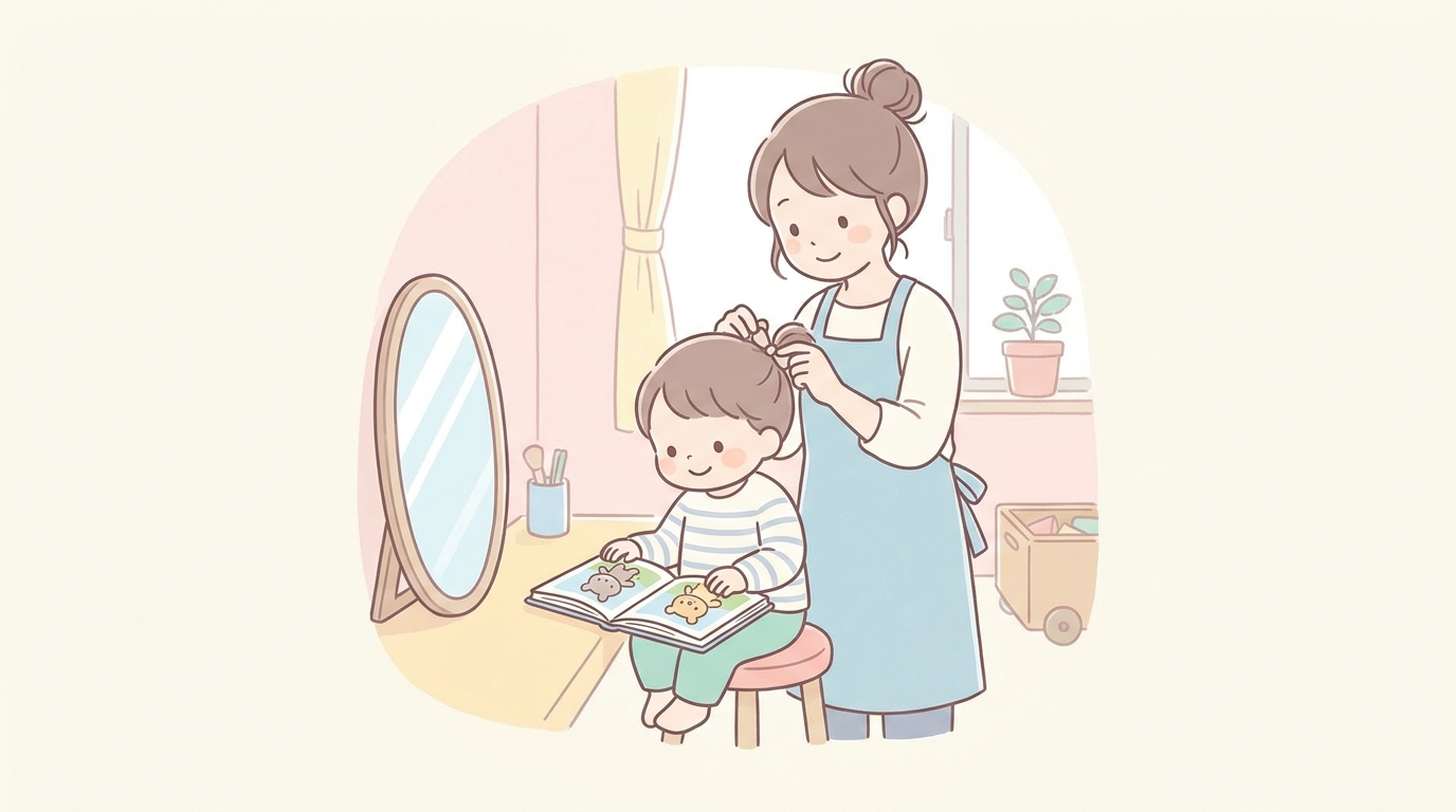 鏡の前で2歳の子どもがお気に入りの絵本を見ながら、ママに髪を結んでもらっている穏やかな朝の様子