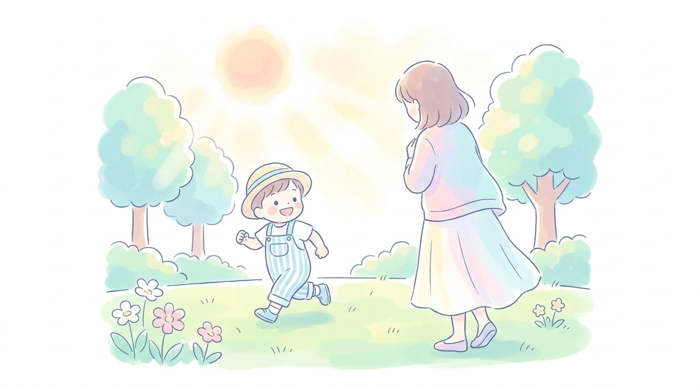 公園の芝生で笑顔で走る2歳くらいの男の子と、それを優しく見守る母親の後ろ姿、晴れた日の柔らかい光