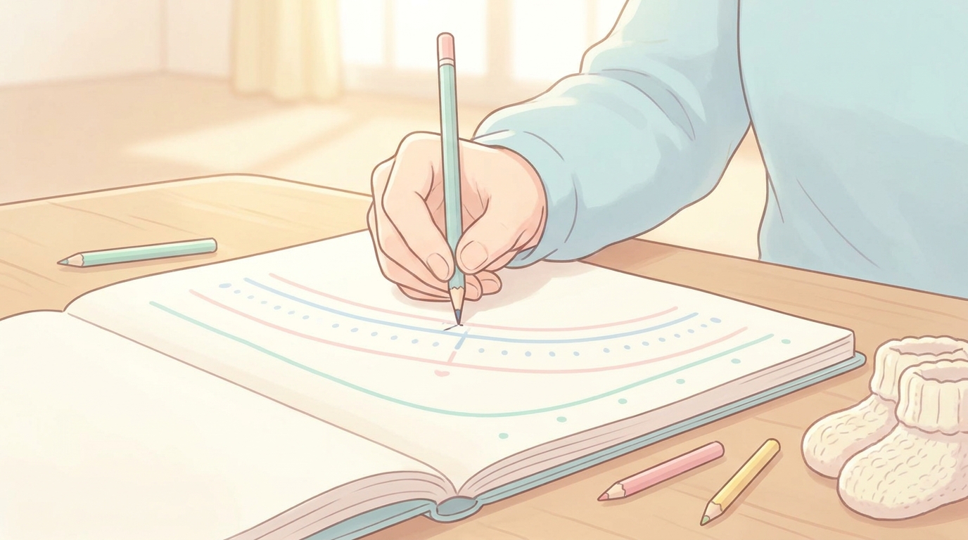 母子健康手帳の成長曲線グラフに、鉛筆で子どもの身長と体重を書き込んでいる親の手元のアップ、温かい雰囲気