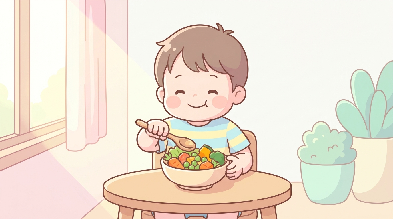 木製テーブルで小さなスプーンを持ち、野菜たっぷりの食事を自分で食べようとしている2歳児、優しい朝の光