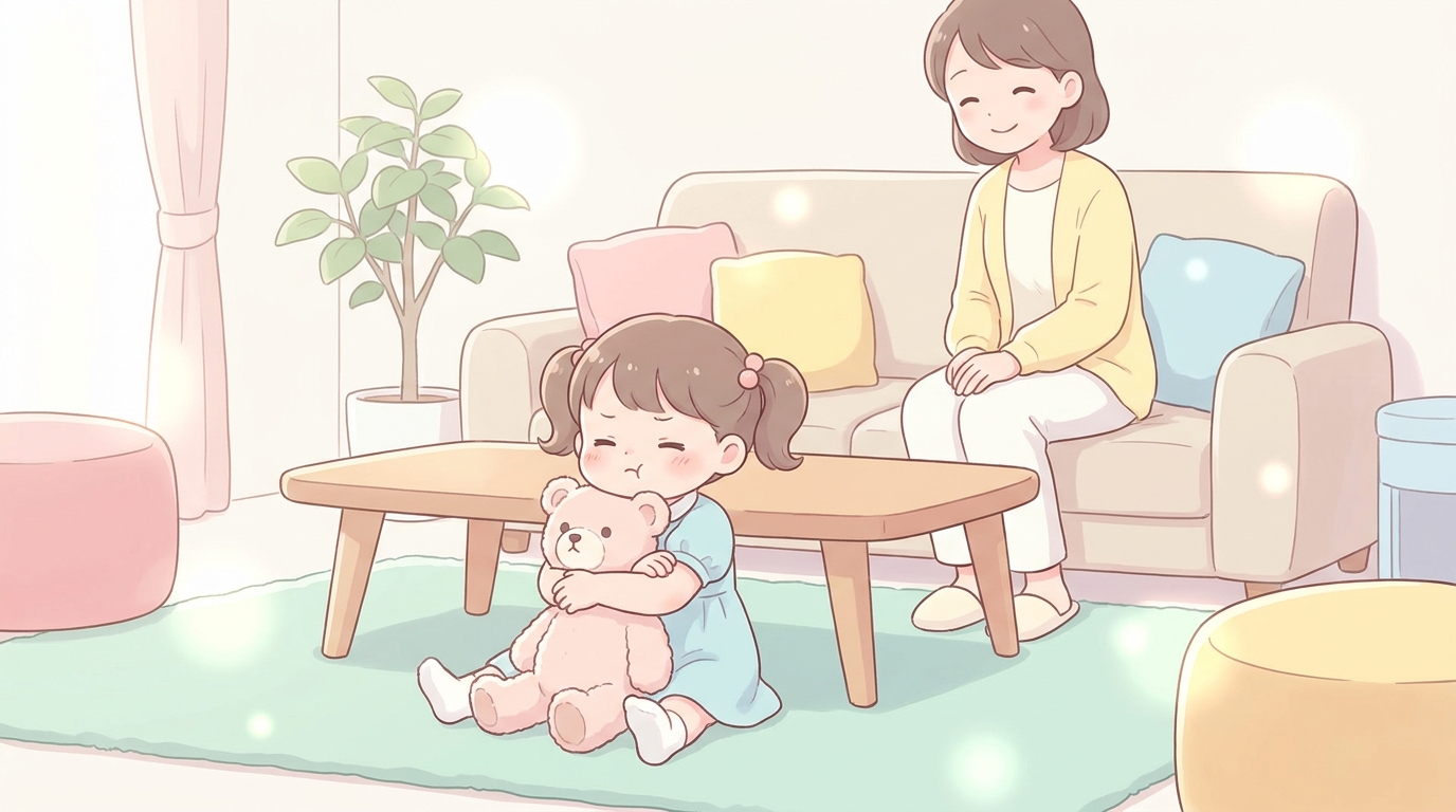 リビングでぬいぐるみを抱えながら口をとがらせて怒っている2歳児の女の子と、優しく見守る母親