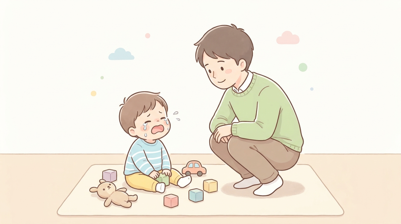 床に座り込んでおもちゃを投げながら泣き叫ぶ2歳の男の子と、しゃがんで目線を合わせる父親