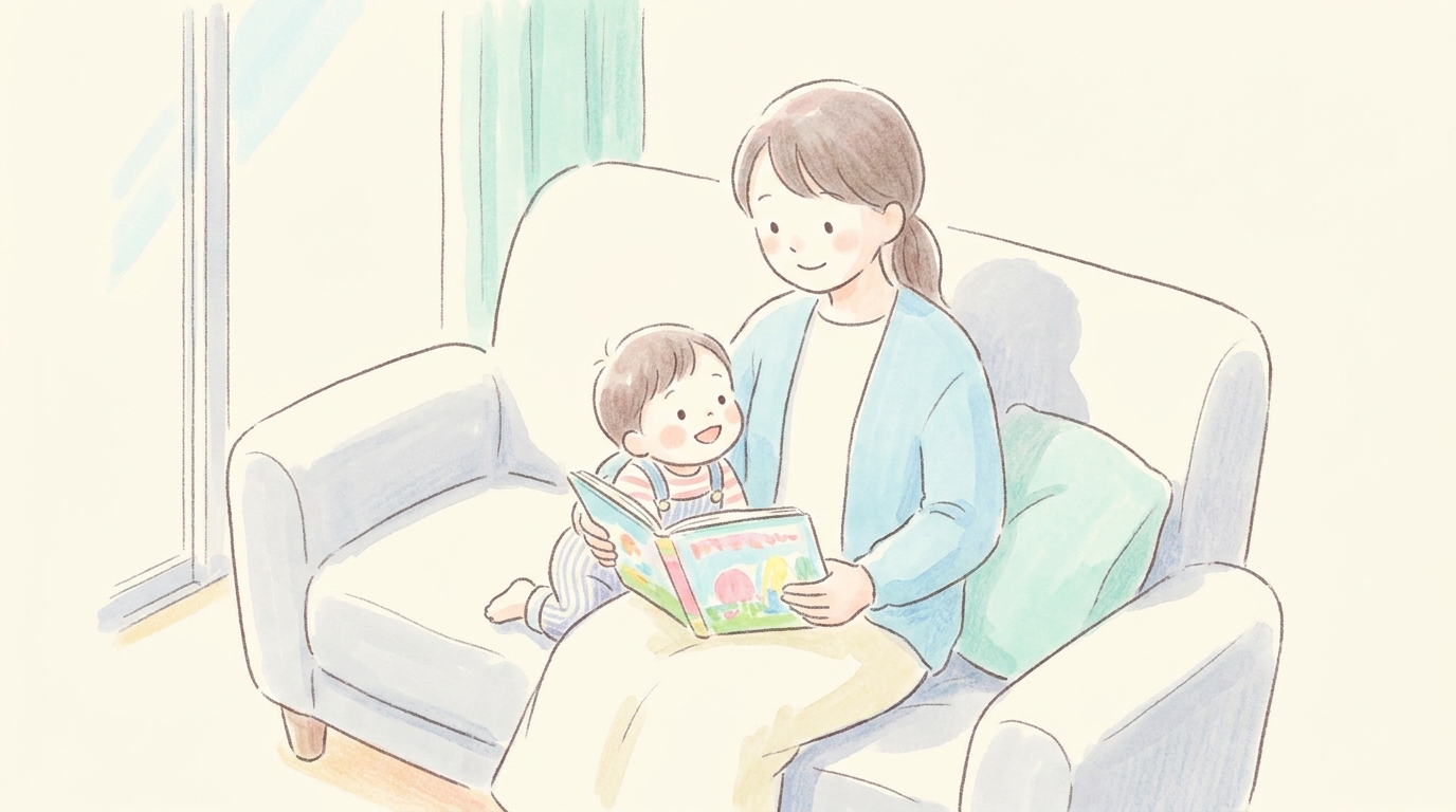 ソファに座って絵本を読み聞かせる母親の膝の上で笑顔を見せる2歳の子ども