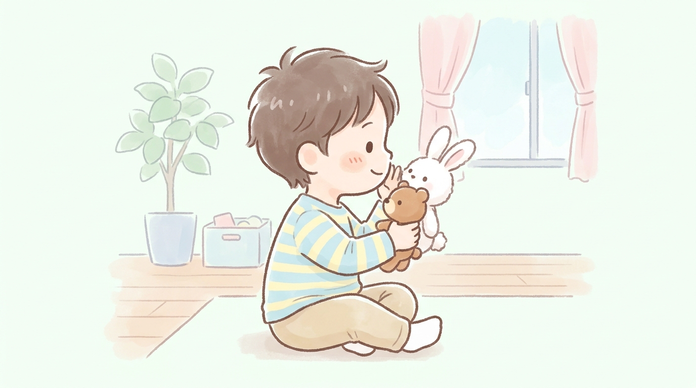 リビングの床に座り、ぬいぐるみを両手に持って楽しそうに話しかけている3歳くらいの男の子の横顔