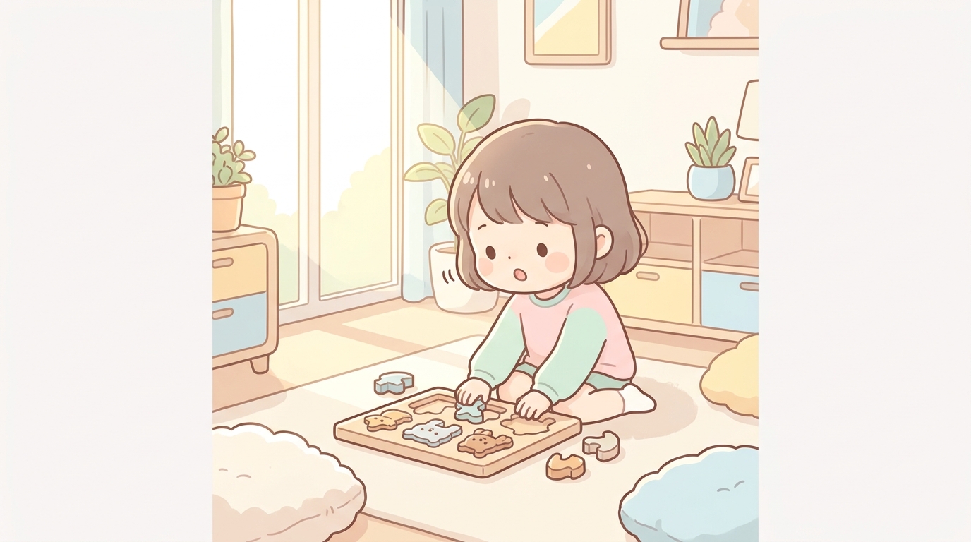 木製パズルに集中しながら口を動かしている3歳くらいの女の子。明るい自然光が差し込む部屋