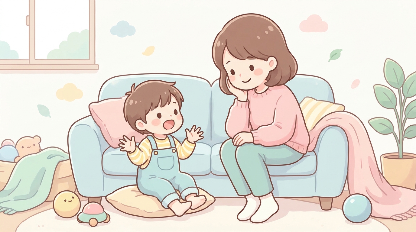 ソファに座って3歳の子どもの話に笑顔で耳を傾ける母親と、身振り手振りで話す子どもの温かい場面