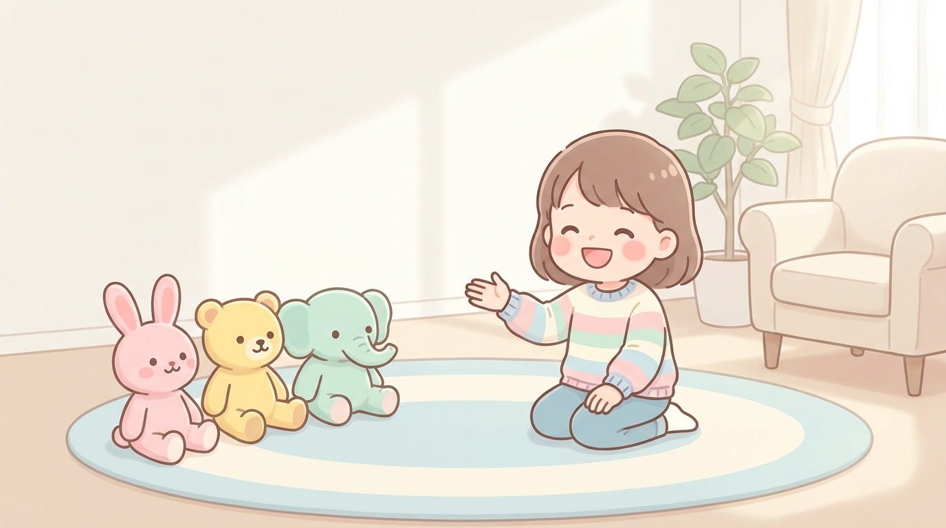 リビングのラグの上で見えない誰かに話しかけながら笑顔でぬいぐるみを並べる3歳くらいの女の子