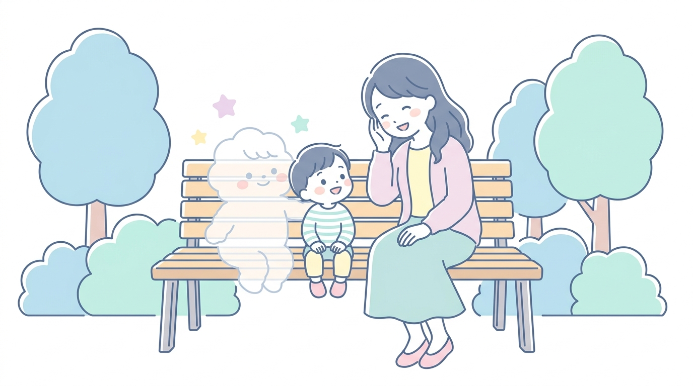 公園のベンチで子どもと寄り添いながら笑顔で話を聞いている30代のお母さん