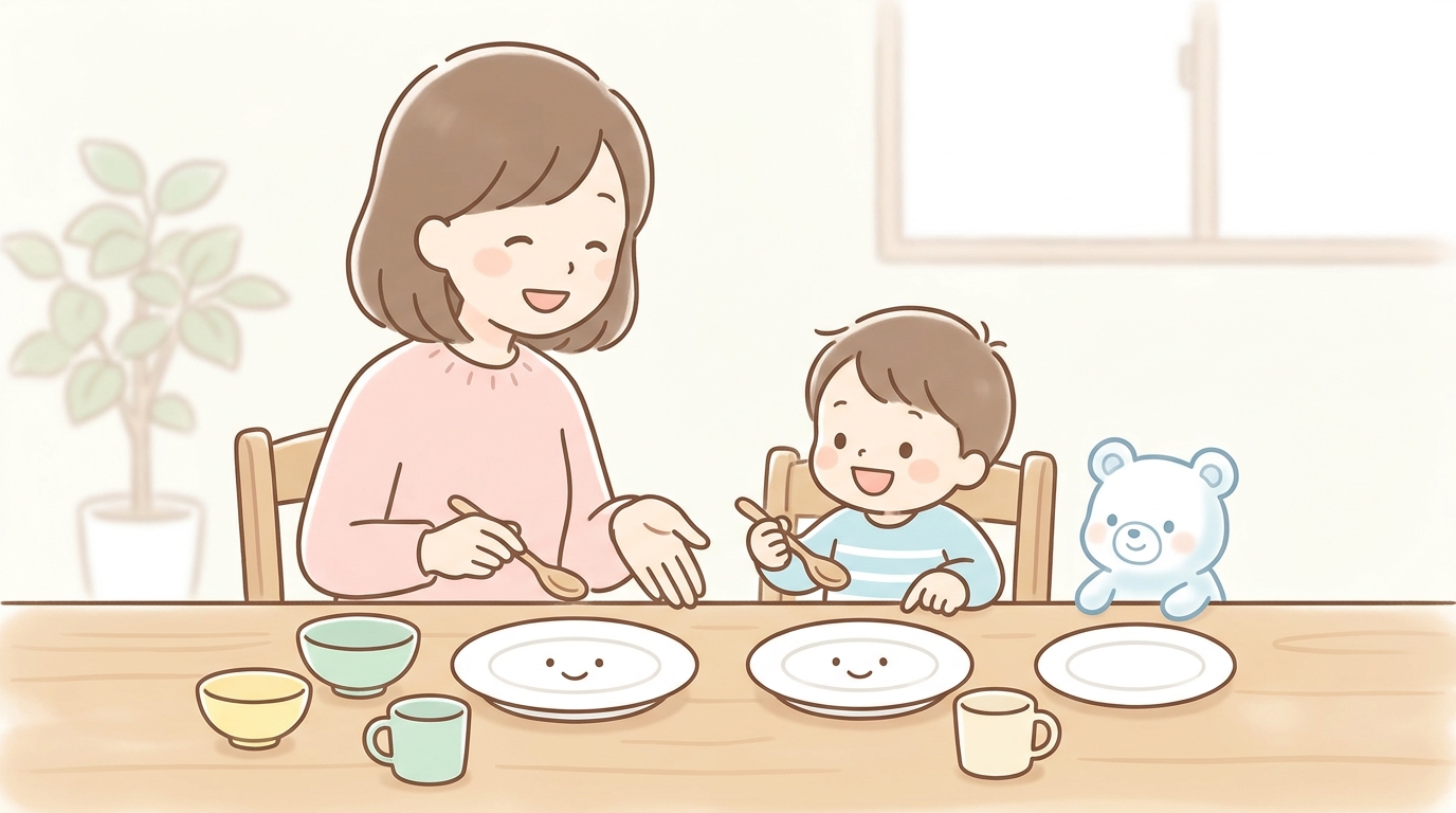 ダイニングテーブルで子どもと一緒に空のお皿を前にしてにこやかにごっこ遊びに付き合う親子