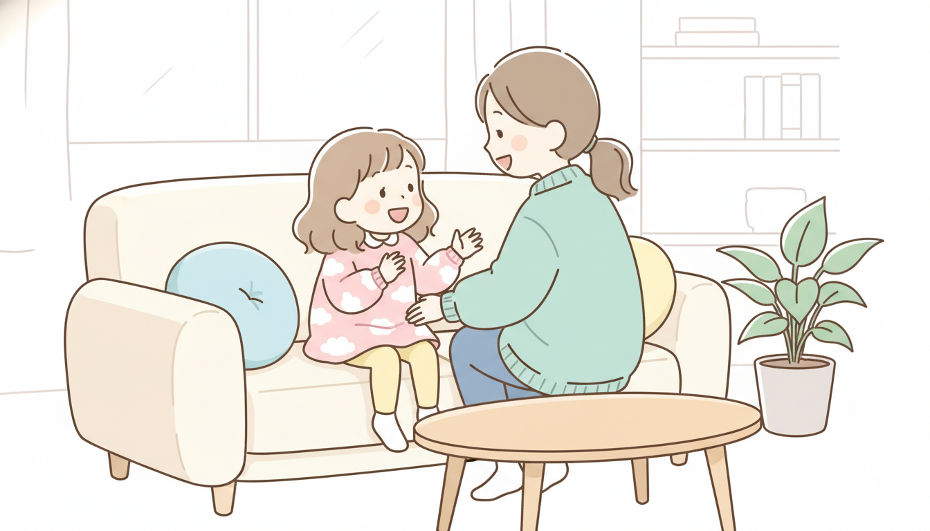 リビングのソファで母親に楽しそうに話しかける3歳の女の子の柔らかな表情
