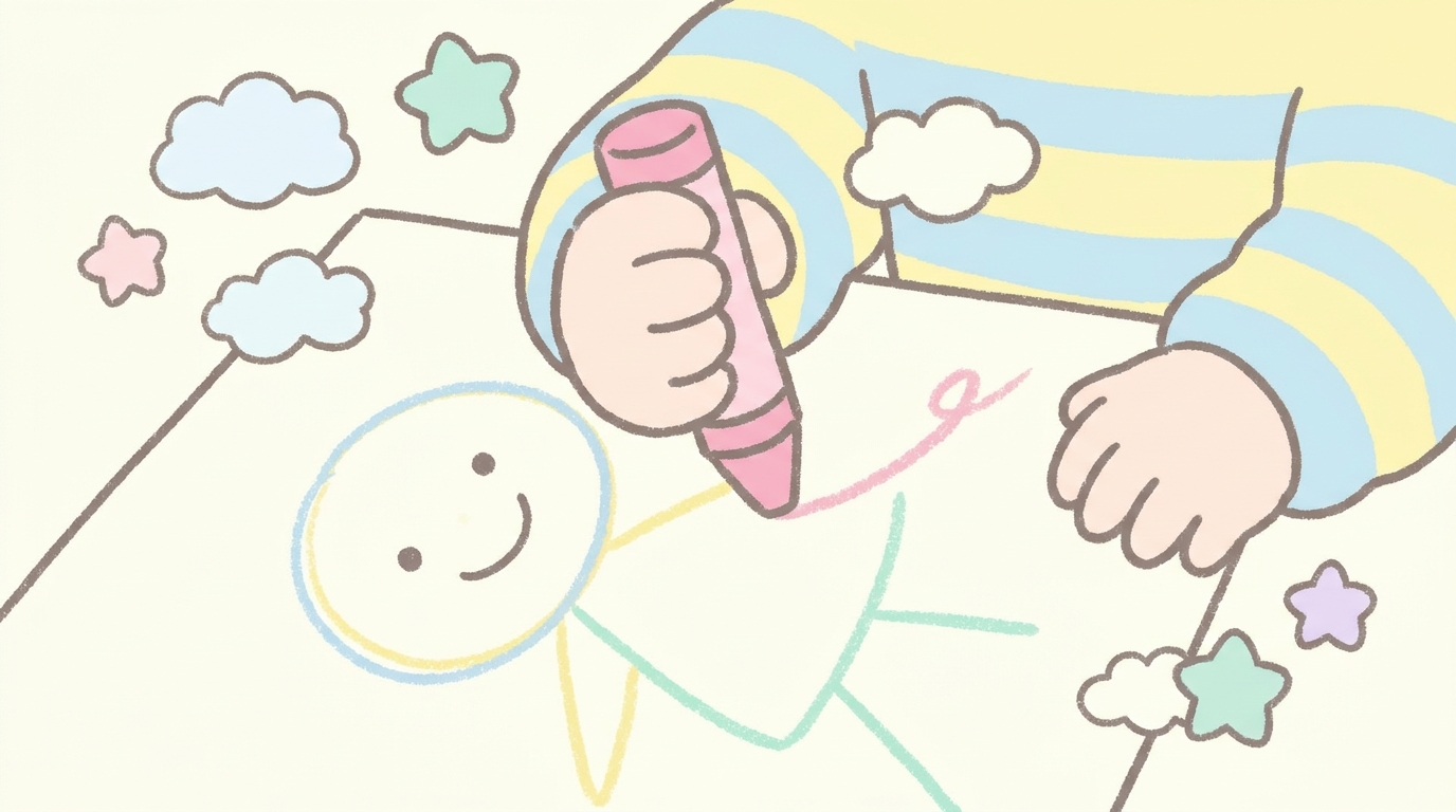 クレヨンを握って画用紙に夢中で絵を描く3歳くらいの子どもの手元のアップ
