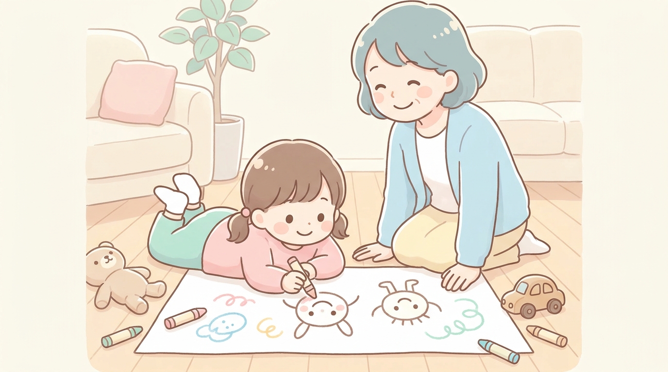 リビングの床に画用紙を広げて家族の絵を描く3歳の女の子と微笑んで見守る母親
