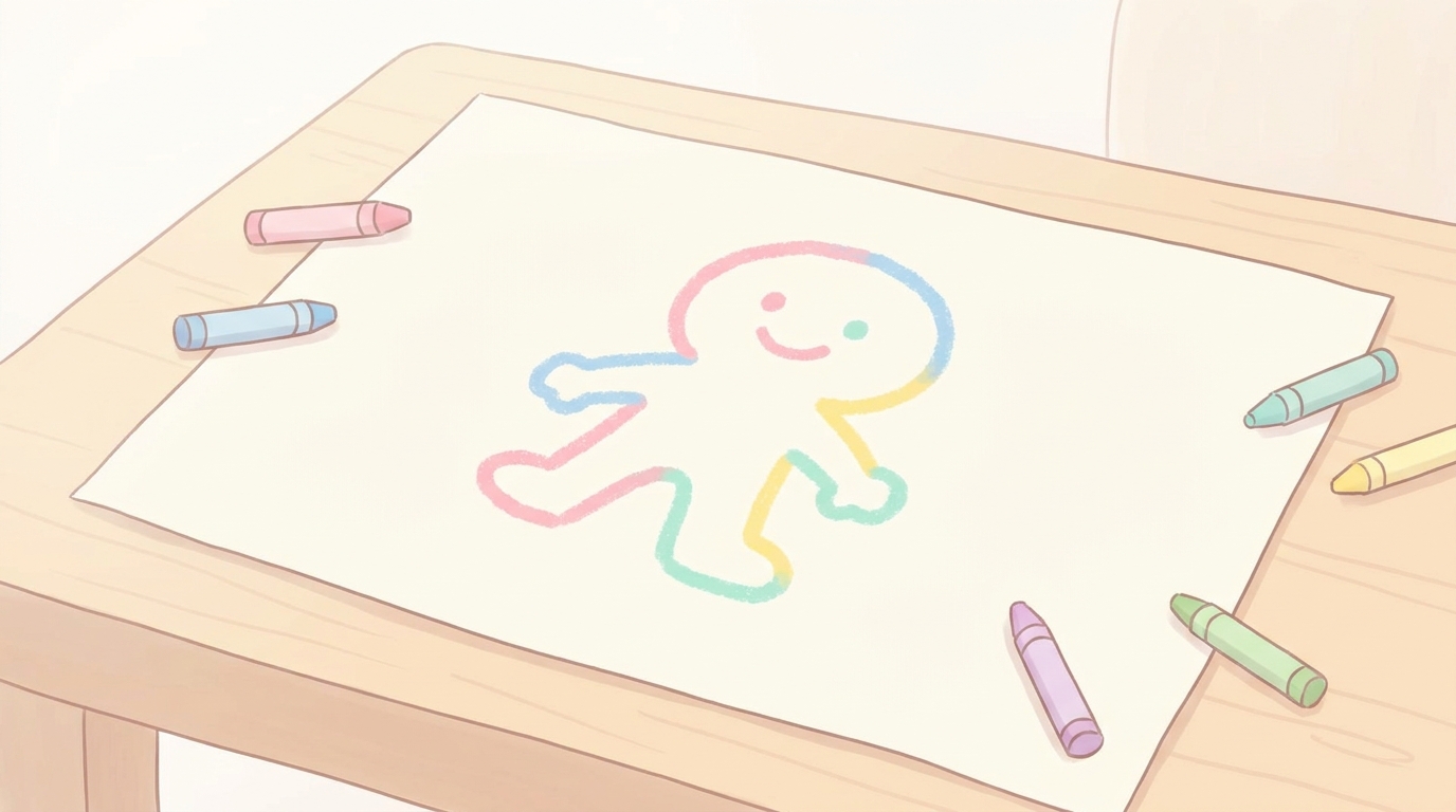 画用紙いっぱいに描かれたカラフルな頭足人の絵と散らばったクレヨン