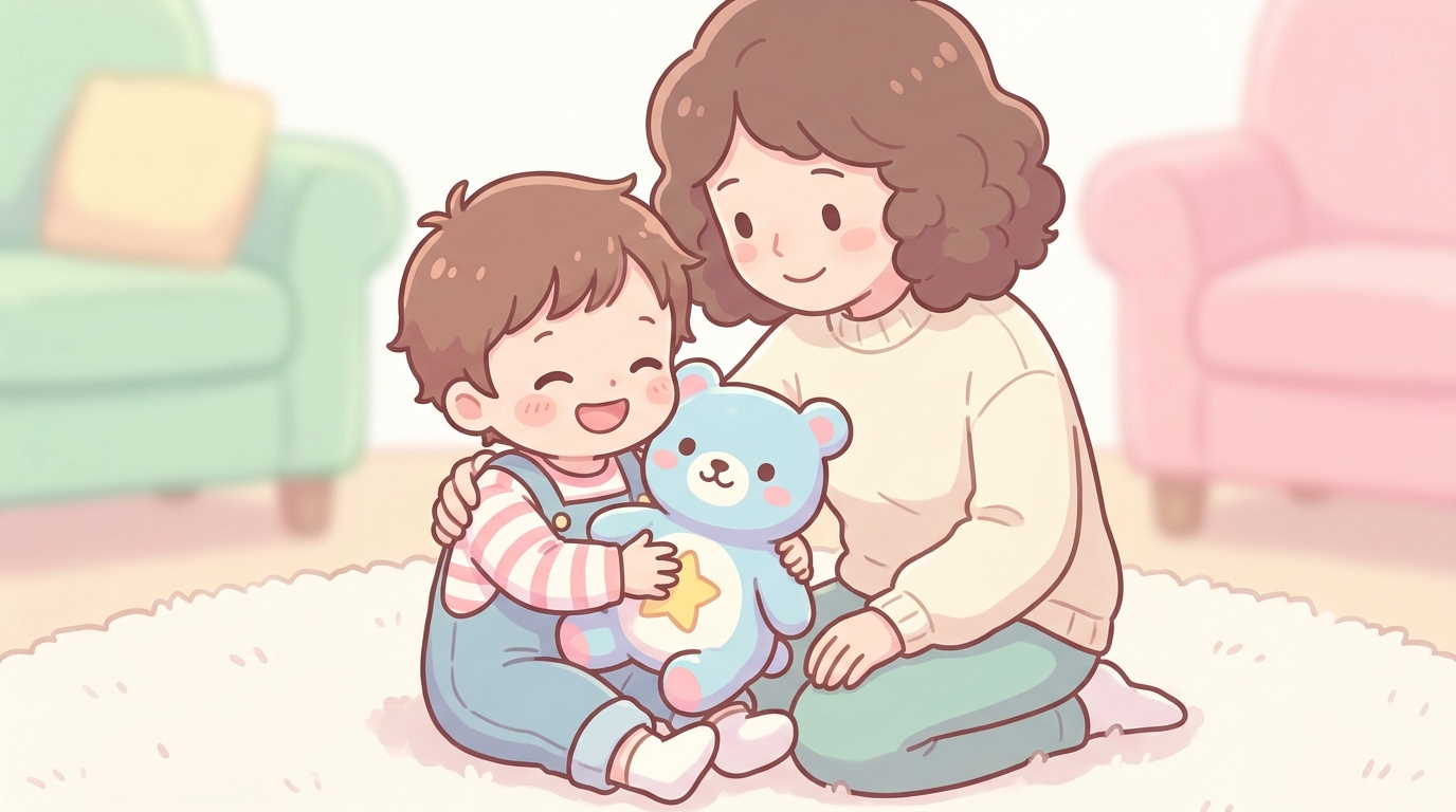 お気に入りのキャラクターぬいぐるみを抱きしめて笑う3歳くらいの子どもと、横で優しく見守るお母さんの温かい日常風景