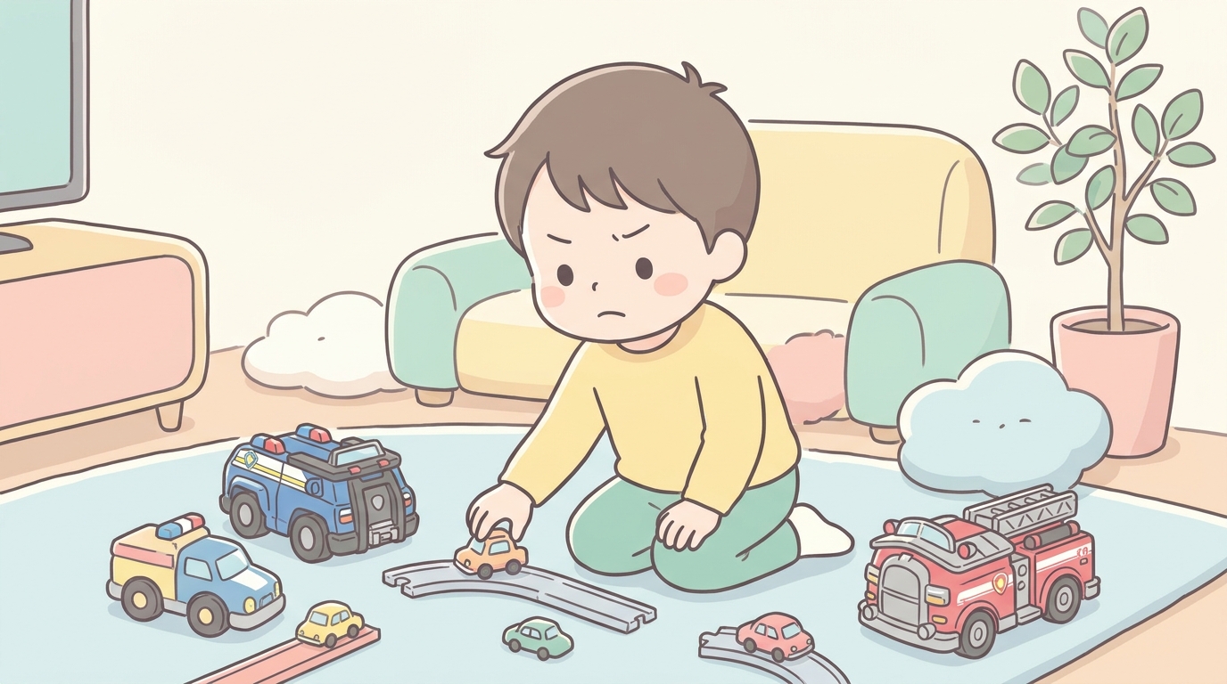 リビングでパウ・パトロールやトミカのおもちゃを並べて夢中になって遊ぶ3歳の男の子の真剣な表情