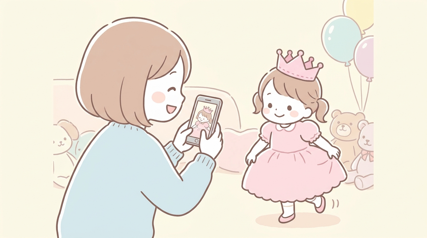 ピンクのドレスを着てプリンセスごっこを楽しむ3歳の女の子と、笑顔で写真を撮るお母さんの優しい表情