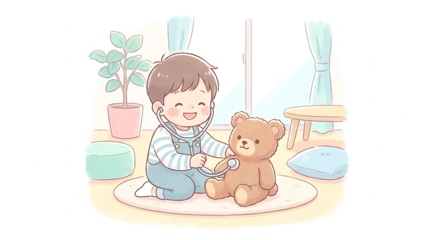 リビングでおもちゃの聴診器を手に、ぬいぐるみを診察している笑顔の3歳児の男の子