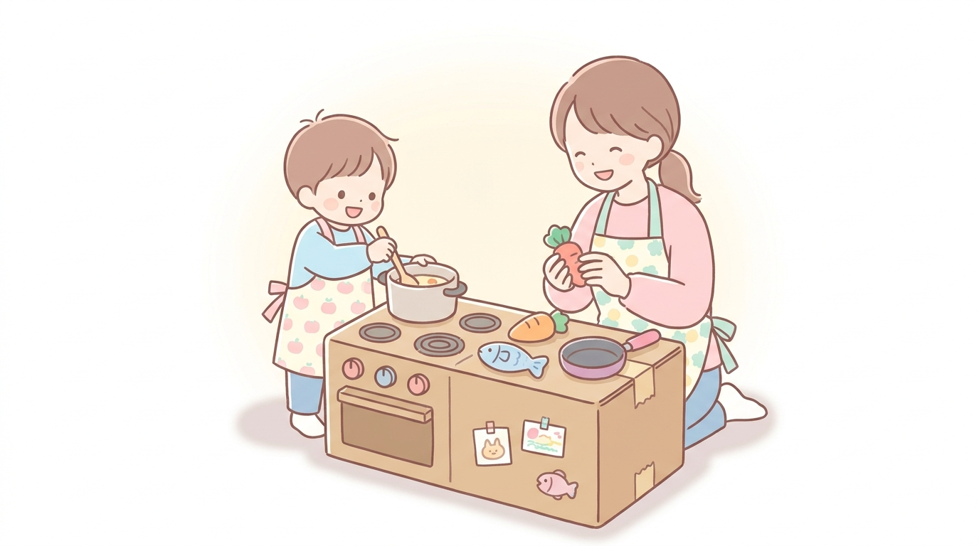 ダンボールで作った手作りキッチンセットで、エプロンを身につけてお料理ごっこを楽しむ親子