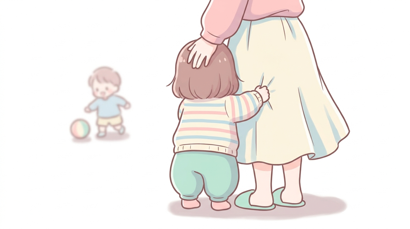 公園で母親の足にしがみつき、知らない子どもを見つめる3歳くらいの女の子の柔らかな後ろ姿
