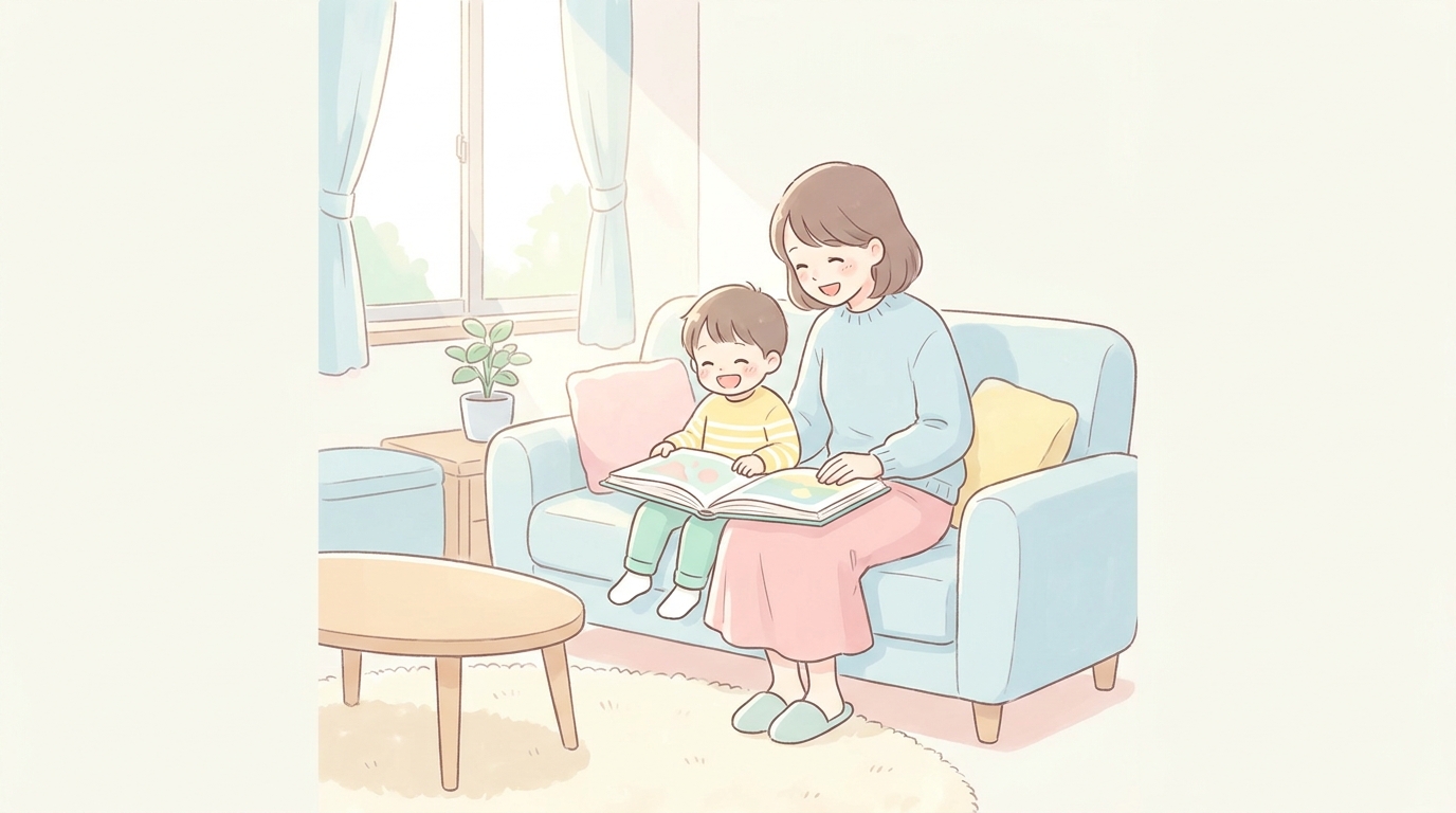 リビングで母親と一緒に絵本を読みながらリラックスして笑う3歳児の温かい家庭の様子