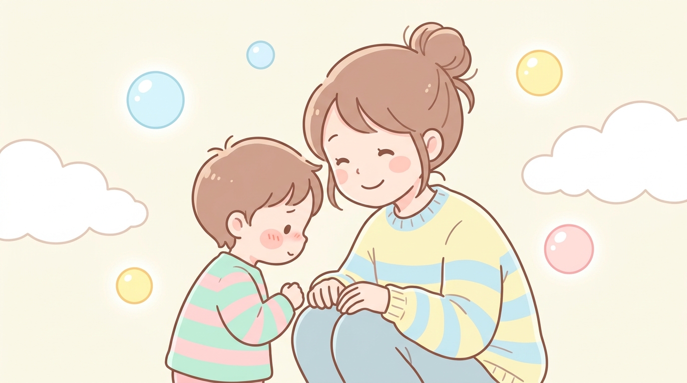 笑顔でしゃがみ込んで子どもの目線に合わせて優しく話しかける母親の姿
