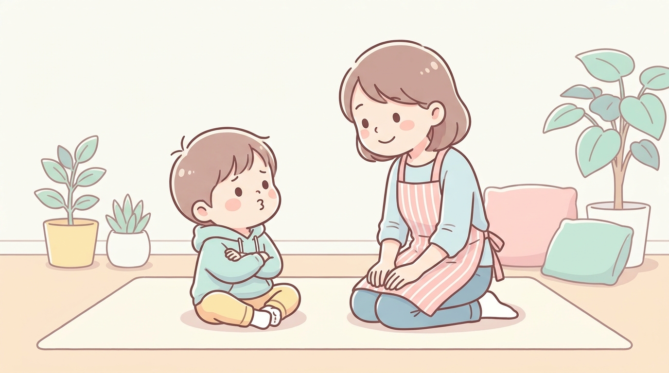 リビングで床に座り込み口を尖らせて自己主張する3歳くらいの子どもと、優しく目線を合わせるお母さん