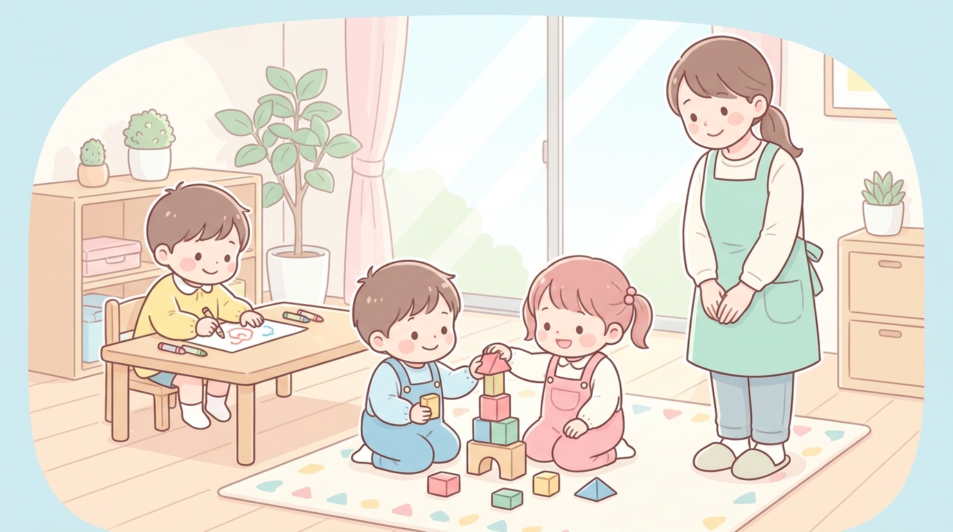 保育園の保育室でお絵かきや積み木に夢中になっている3歳児たちと、笑顔で見守る保育士