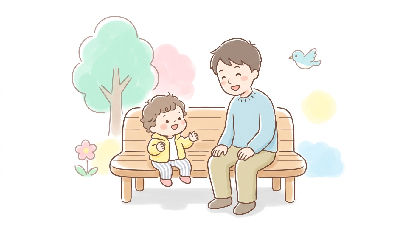 公園のベンチで3歳くらいの子どもと向き合い、ニコニコしながら話を聞いているパパ